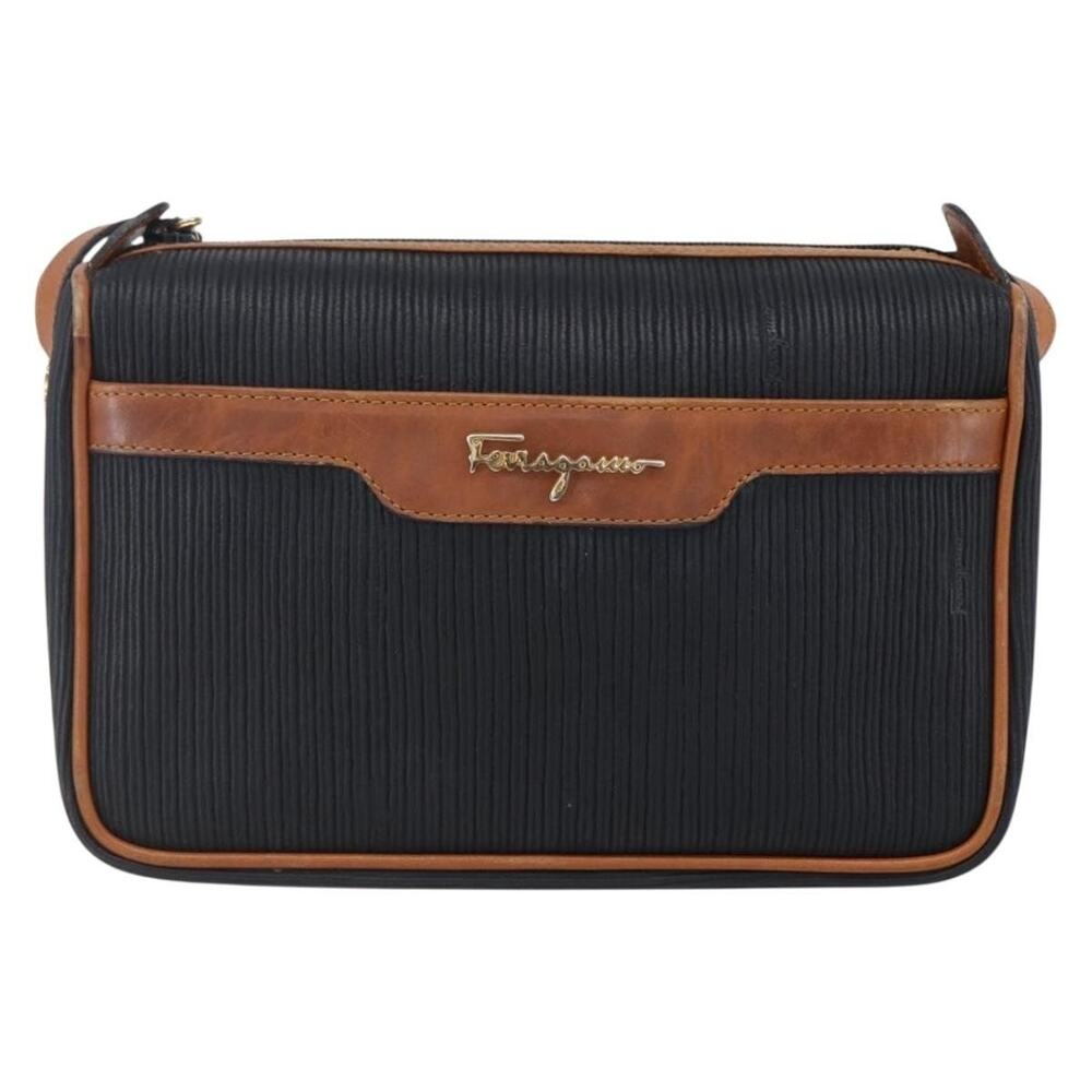 Salvatore Ferragamo Leather Coated Canvas Shoulder Bag Black